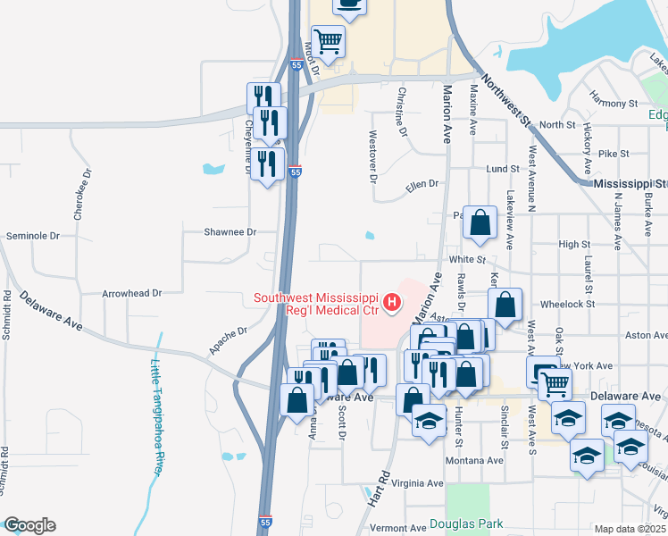 map of restaurants, bars, coffee shops, grocery stores, and more near 1805 White Street in McComb
