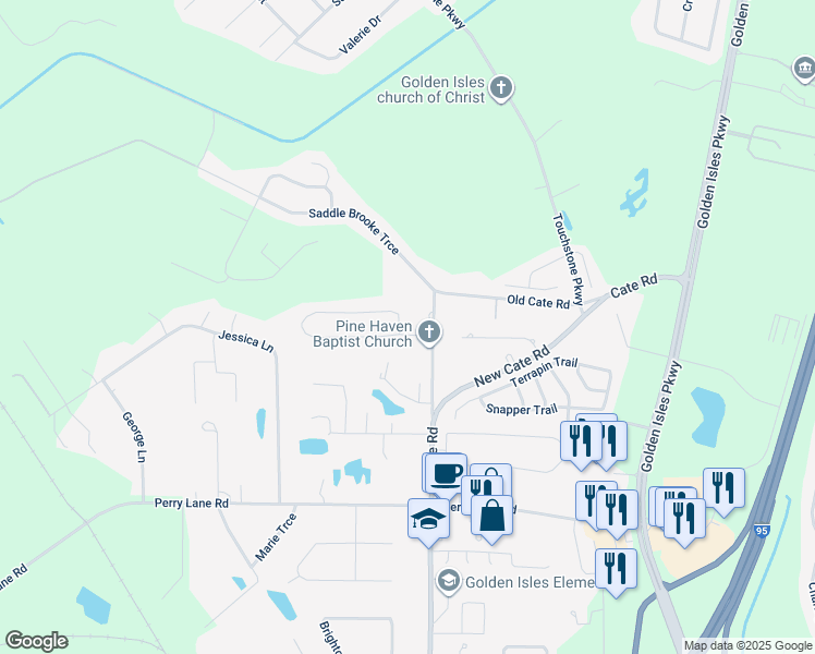 map of restaurants, bars, coffee shops, grocery stores, and more near 744 Pine Haven Circle in Brunswick