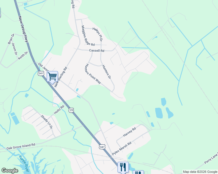 map of restaurants, bars, coffee shops, grocery stores, and more near 192 Hunters Point Way in Brunswick