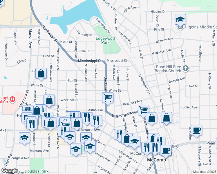 map of restaurants, bars, coffee shops, grocery stores, and more near 606 White St in McComb