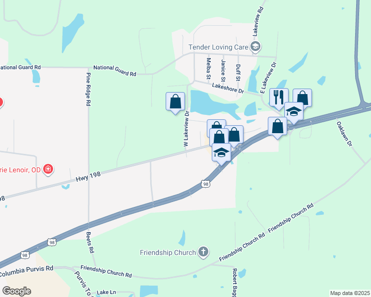 map of restaurants, bars, coffee shops, grocery stores, and more near 98-126 Old Highway 98 East in Columbia