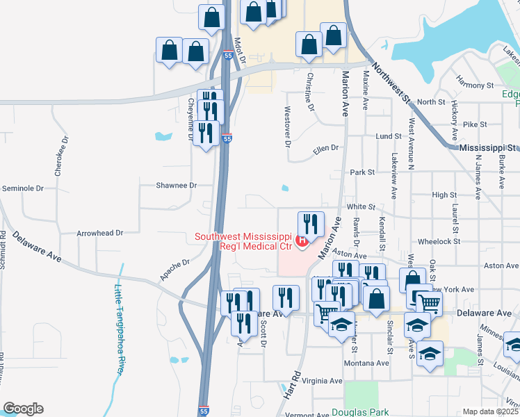 map of restaurants, bars, coffee shops, grocery stores, and more near 1805 White Street in McComb