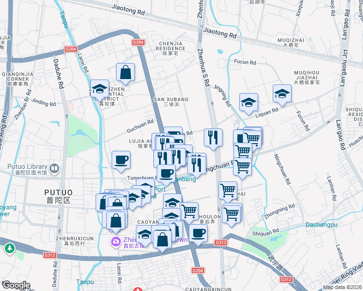 map of restaurants, bars, coffee shops, grocery stores, and more near 1500号 Caoyang Road in Shanghai