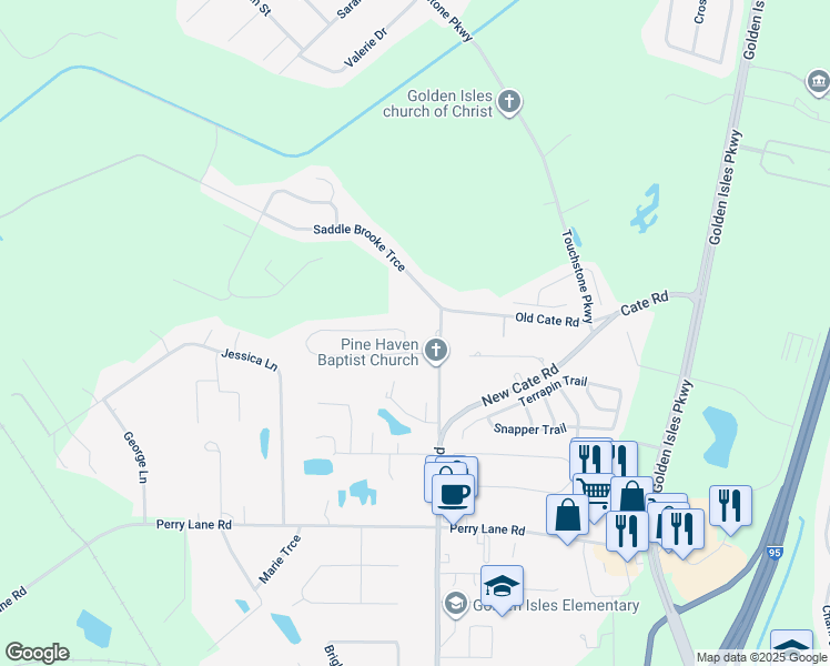 map of restaurants, bars, coffee shops, grocery stores, and more near 744 Pine Haven Circle in Brunswick