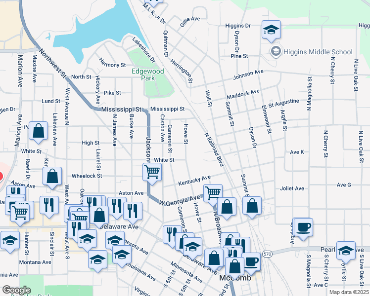map of restaurants, bars, coffee shops, grocery stores, and more near 817 Howe Street in McComb