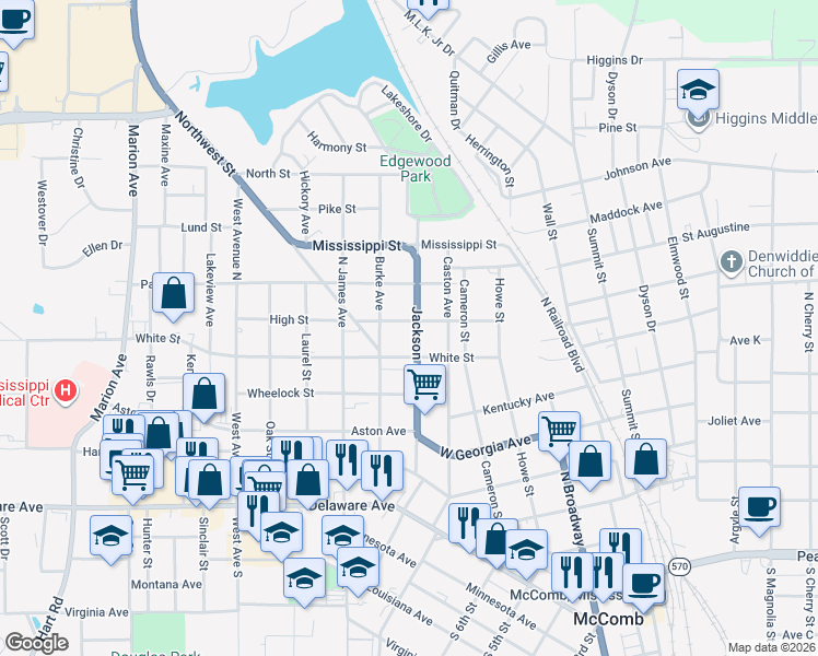map of restaurants, bars, coffee shops, grocery stores, and more near 600 Jackson Avenue in McComb