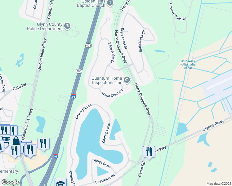 map of restaurants, bars, coffee shops, grocery stores, and more near 152 Wood Crest Cir in Brunswick