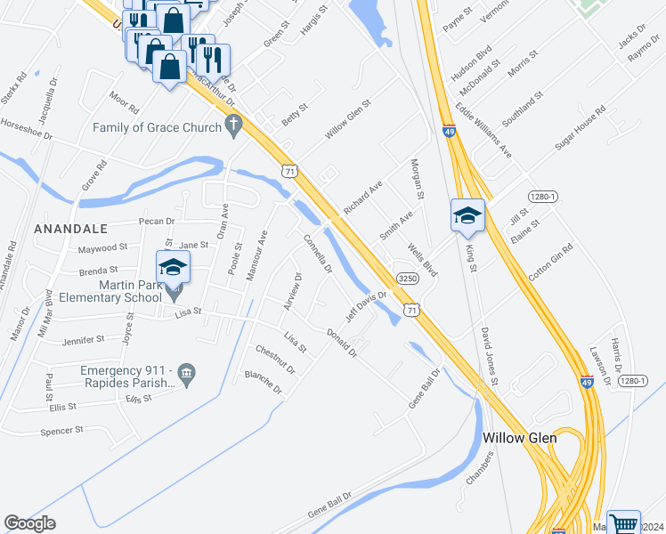 map of restaurants, bars, coffee shops, grocery stores, and more near 5111 Connella Drive in Alexandria