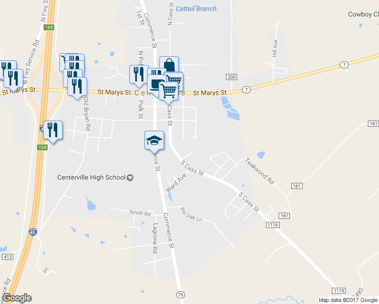map of restaurants, bars, coffee shops, grocery stores, and more near 818 North Cass Street in Centerville