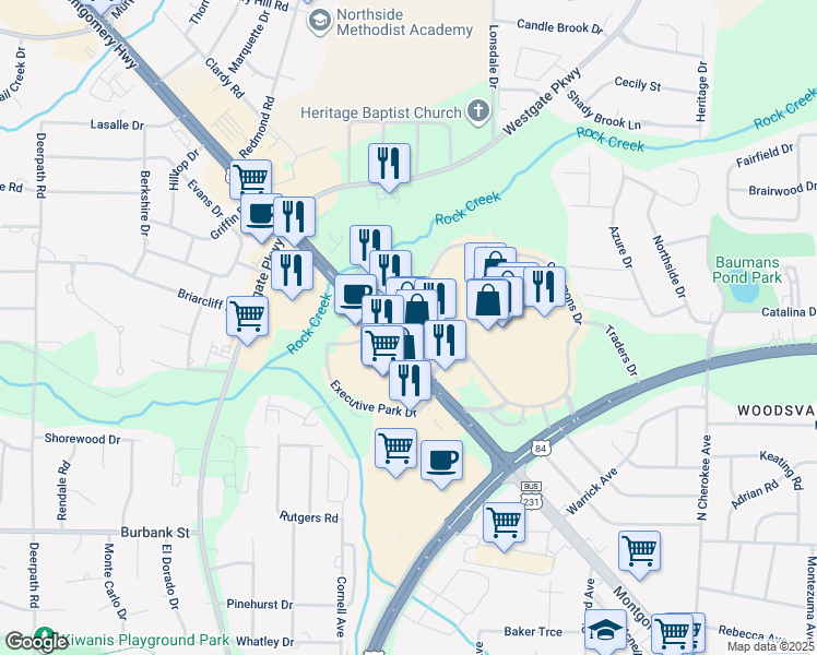 map of restaurants, bars, coffee shops, grocery stores, and more near 107 Exchange Drive in Dothan