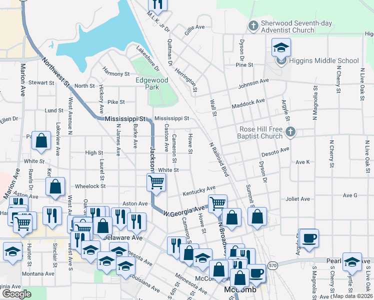 map of restaurants, bars, coffee shops, grocery stores, and more near 200 High Street in McComb