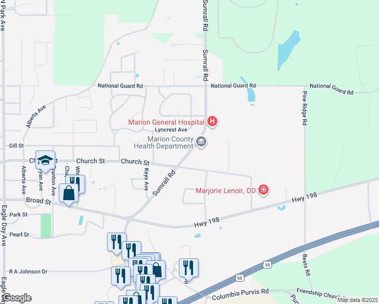 map of restaurants, bars, coffee shops, grocery stores, and more near 999 Sumrall Road in Columbia