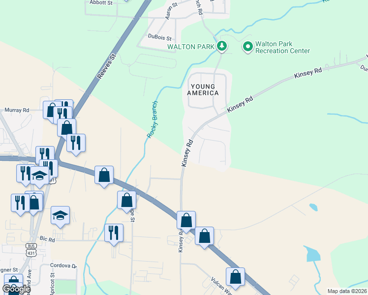 map of restaurants, bars, coffee shops, grocery stores, and more near 2331 Kinsey Road in Dothan