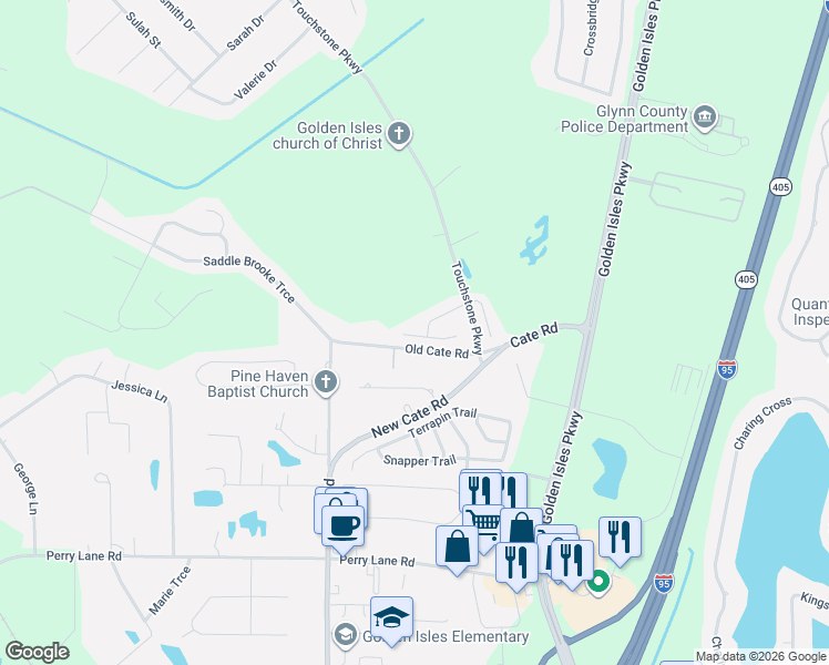 map of restaurants, bars, coffee shops, grocery stores, and more near 315 Pecan Pointe Drive in Brunswick