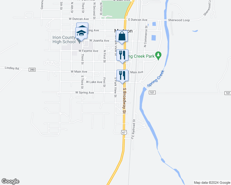 map of restaurants, bars, coffee shops, grocery stores, and more near 300 South Park View Street in Mertzon