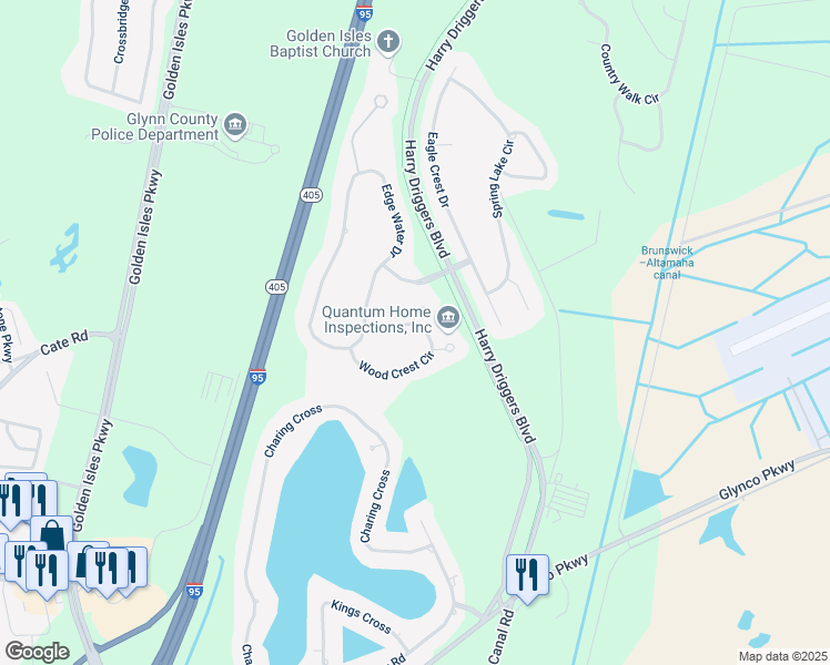 map of restaurants, bars, coffee shops, grocery stores, and more near 152 Wood Crest Circle in Brunswick