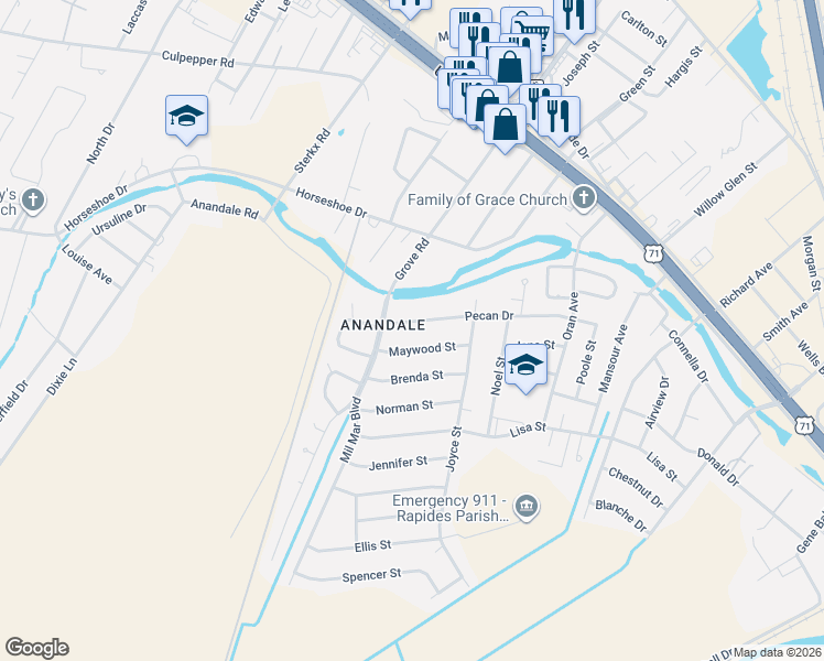map of restaurants, bars, coffee shops, grocery stores, and more near 3903 Pecan Drive in Alexandria