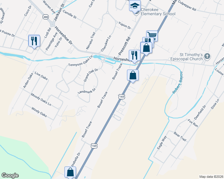 map of restaurants, bars, coffee shops, grocery stores, and more near 6224 Bouef Trace in Alexandria