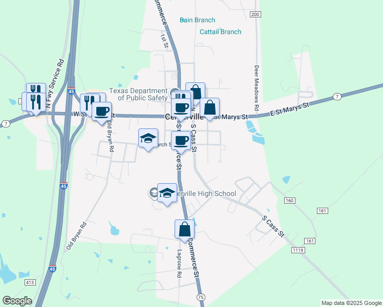 map of restaurants, bars, coffee shops, grocery stores, and more near 437 South Cass Street in Centerville