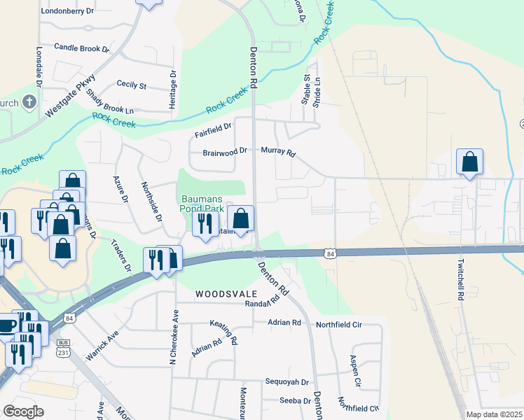 map of restaurants, bars, coffee shops, grocery stores, and more near 2140 Denton Road in Dothan