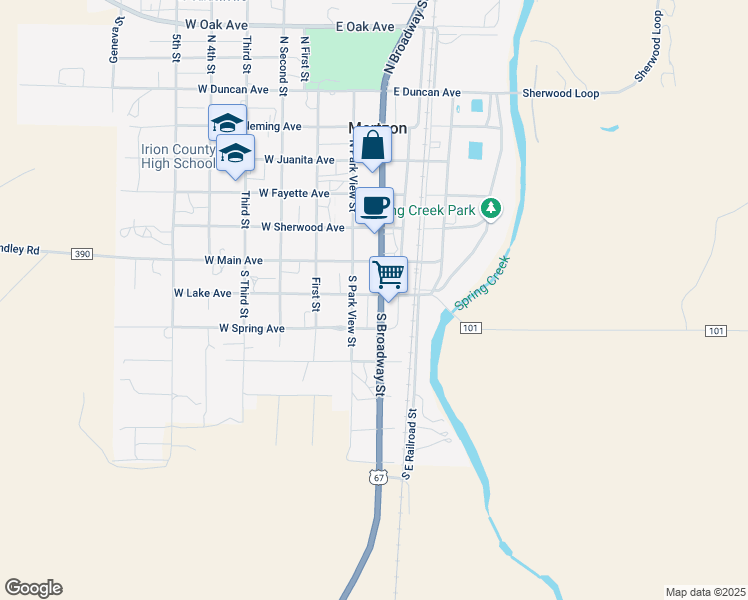map of restaurants, bars, coffee shops, grocery stores, and more near E Lake Ave in Mertzon