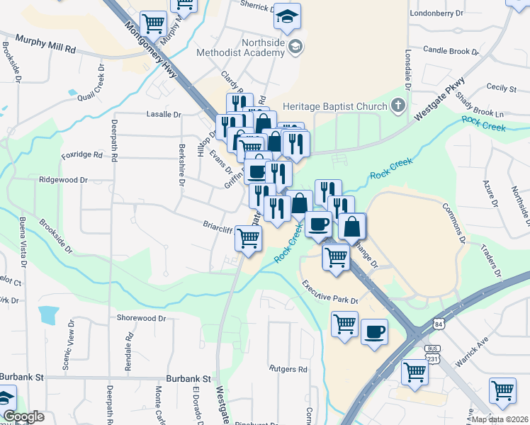 map of restaurants, bars, coffee shops, grocery stores, and more near 1404 Westgate Parkway in Dothan