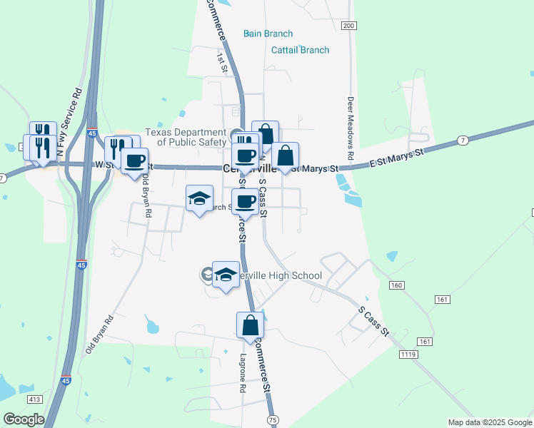 map of restaurants, bars, coffee shops, grocery stores, and more near 437 South Cass Street in Centerville