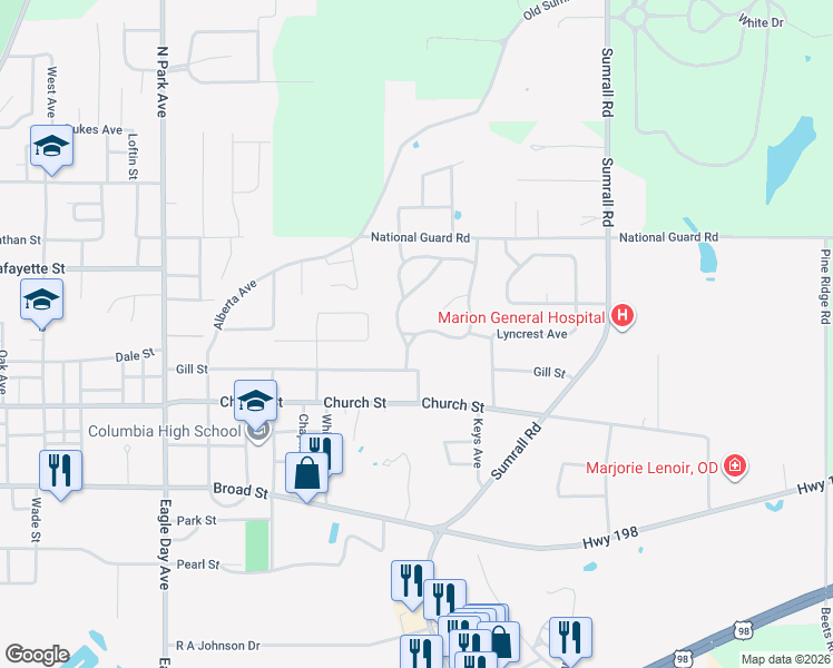 map of restaurants, bars, coffee shops, grocery stores, and more near 1448 Ridgewood Drive in Columbia