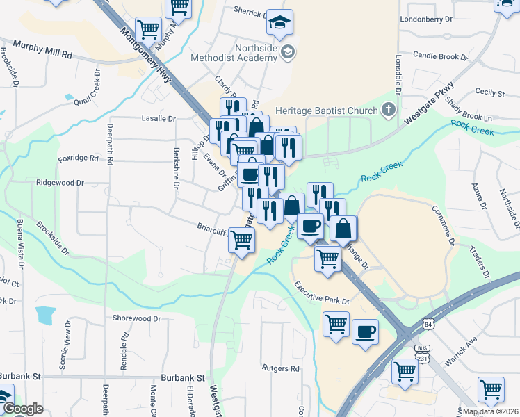 map of restaurants, bars, coffee shops, grocery stores, and more near 1404 Westgate Parkway in Dothan