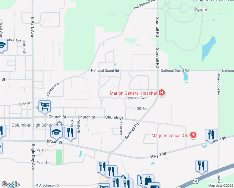 map of restaurants, bars, coffee shops, grocery stores, and more near 1448-1608 Ridgewood Dr in Columbia