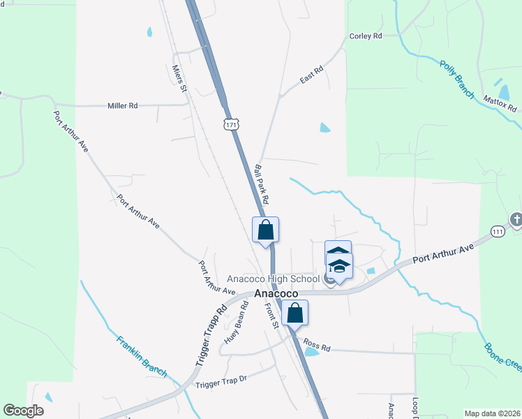 map of restaurants, bars, coffee shops, grocery stores, and more near 100 Ball Park Road in Anacoco