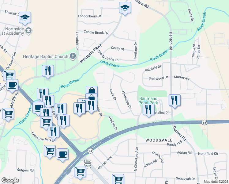 map of restaurants, bars, coffee shops, grocery stores, and more near 1908 Azure Drive in Dothan