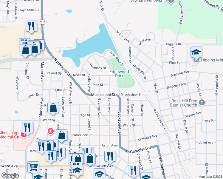 map of restaurants, bars, coffee shops, grocery stores, and more near 800 Burke Avenue in McComb