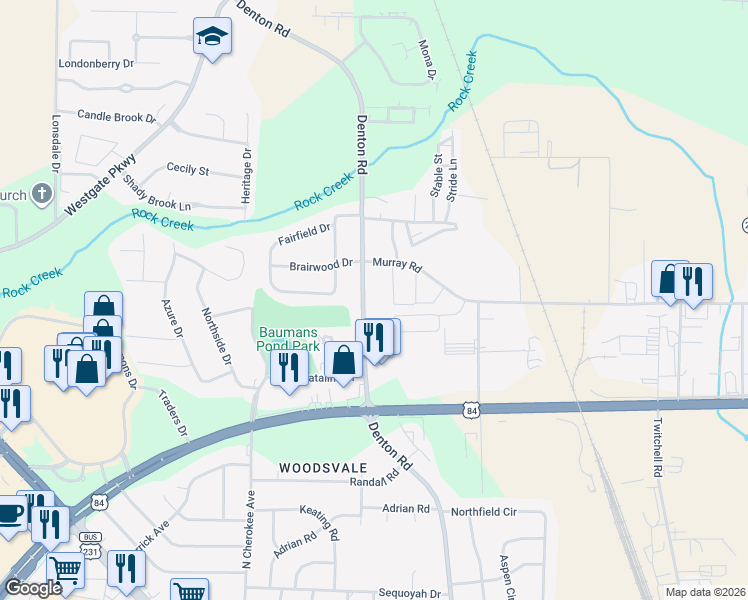 map of restaurants, bars, coffee shops, grocery stores, and more near 2232 Denton Road in Dothan