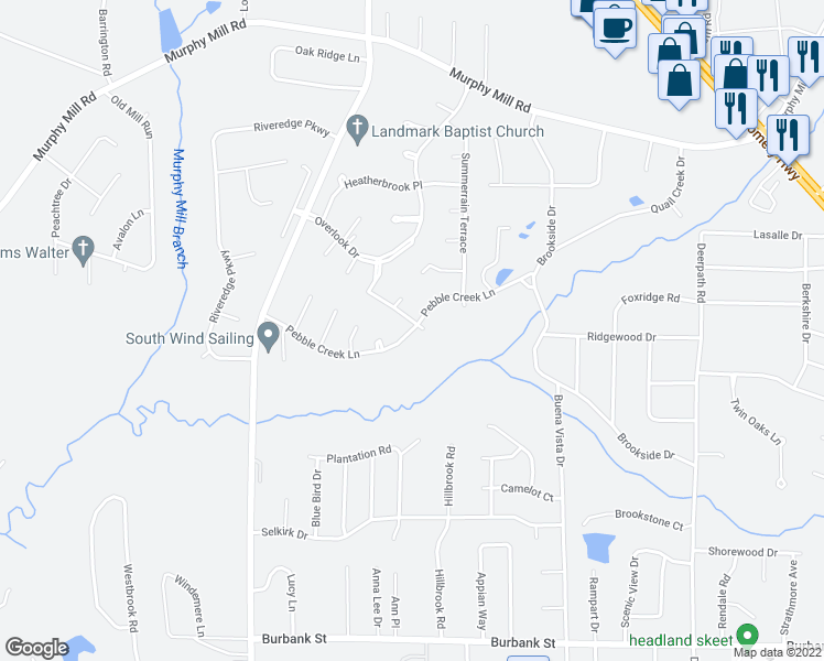 map of restaurants, bars, coffee shops, grocery stores, and more near 3800 Pebble Creek Lane in Dothan