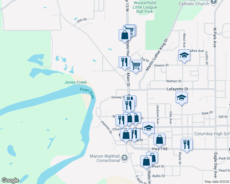 map of restaurants, bars, coffee shops, grocery stores, and more near 201-211 Dewey Street in Columbia