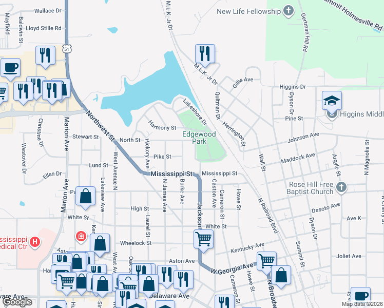 map of restaurants, bars, coffee shops, grocery stores, and more near 800 Burke Avenue in McComb