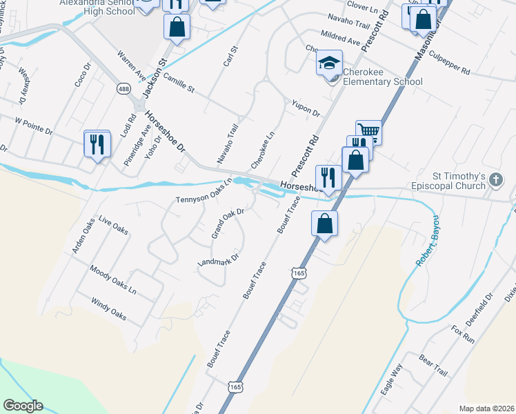 map of restaurants, bars, coffee shops, grocery stores, and more near 6136 Grand Oak Dr in Alexandria