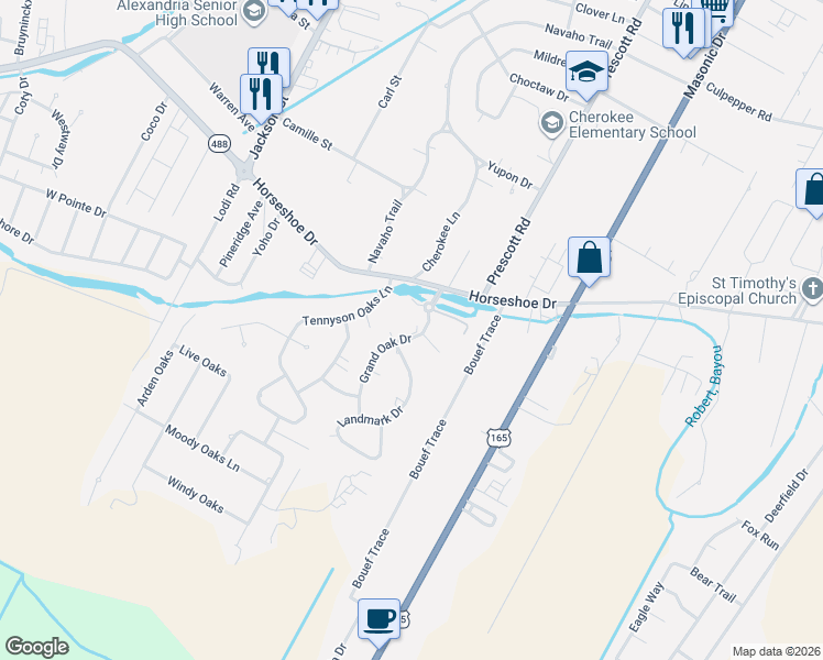 map of restaurants, bars, coffee shops, grocery stores, and more near 6136 Grand Oak Drive in Alexandria