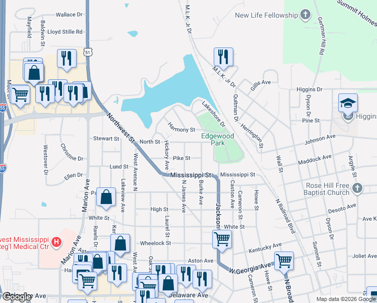 map of restaurants, bars, coffee shops, grocery stores, and more near 906 N James Ave in McComb