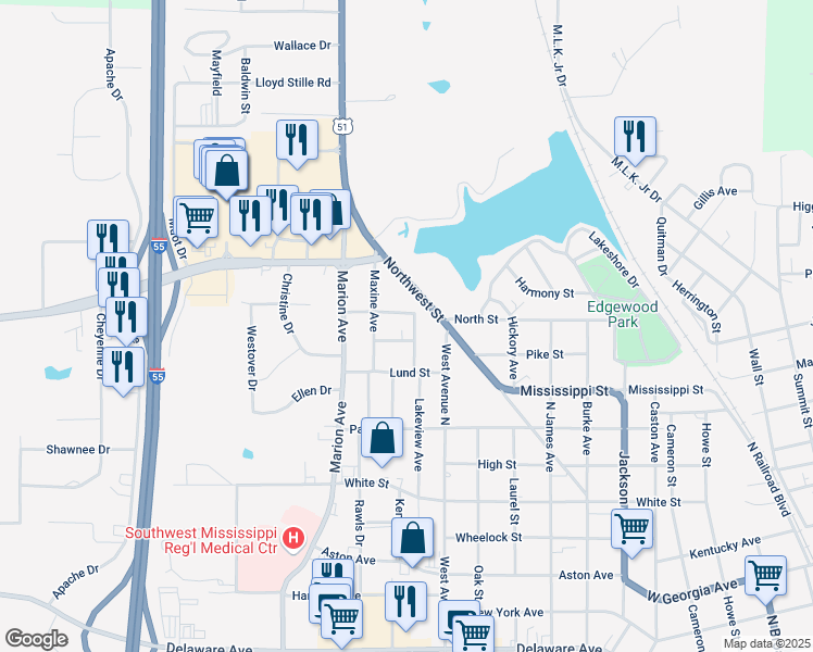map of restaurants, bars, coffee shops, grocery stores, and more near 703 Lakeview Avenue in McComb