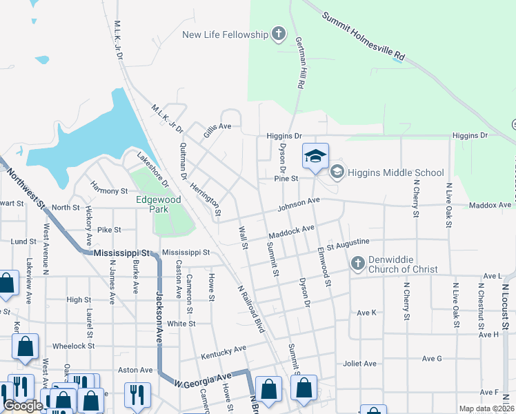 map of restaurants, bars, coffee shops, grocery stores, and more near 131-199 Johnson Avenue in McComb