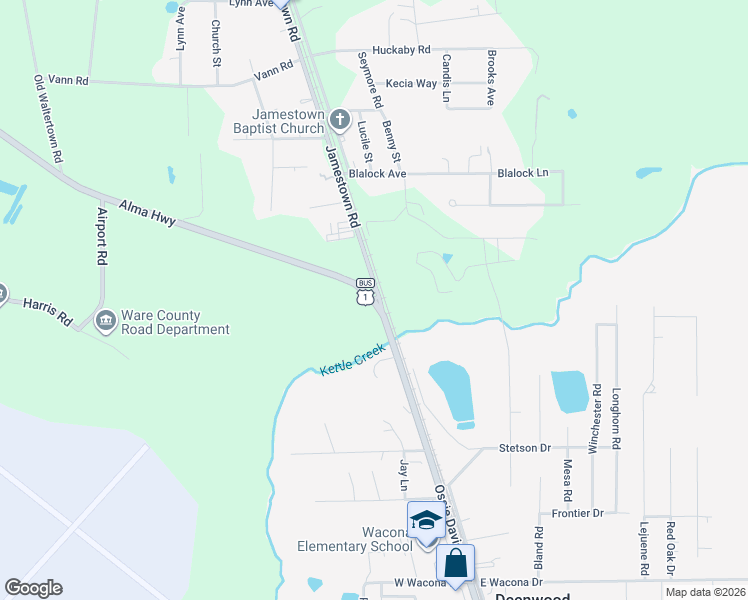 map of restaurants, bars, coffee shops, grocery stores, and more near 2061 Alma Highway in Waycross