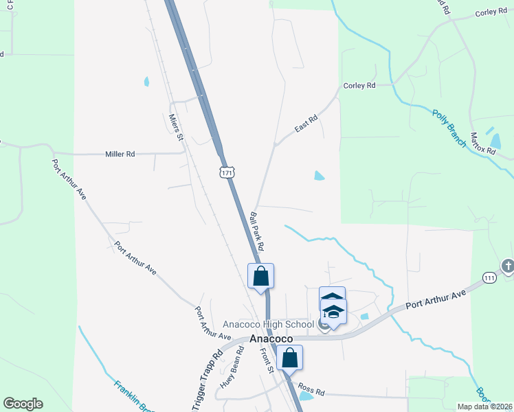 map of restaurants, bars, coffee shops, grocery stores, and more near 229 Ball Park Road in Anacoco