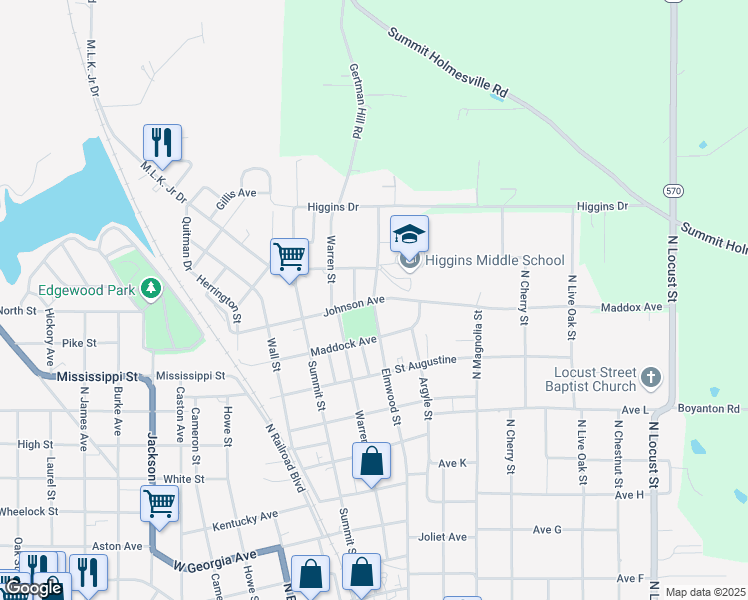map of restaurants, bars, coffee shops, grocery stores, and more near 1000 Elmwood Street in McComb