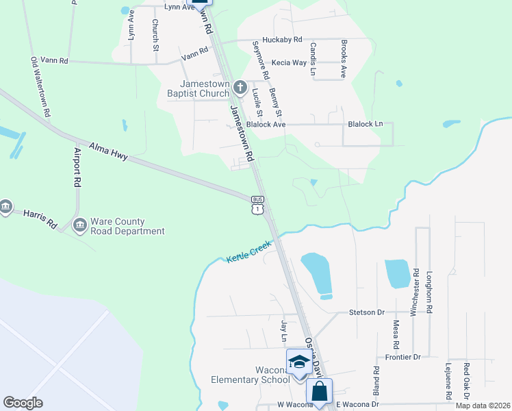 map of restaurants, bars, coffee shops, grocery stores, and more near 2061 Alma Highway in Waycross
