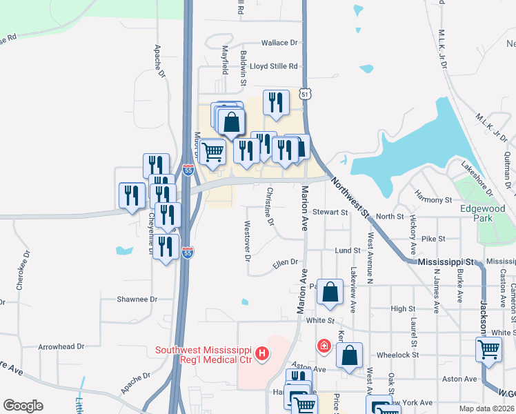 map of restaurants, bars, coffee shops, grocery stores, and more near 1646-1648 Christine Drive in McComb