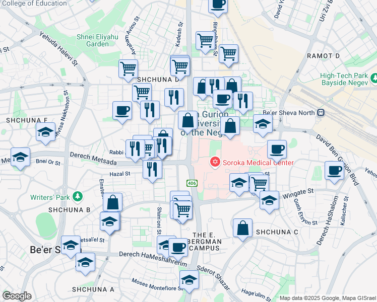 map of restaurants, bars, coffee shops, grocery stores, and more near Yitzhack I. Rager Boulevard in Be'er Sheva