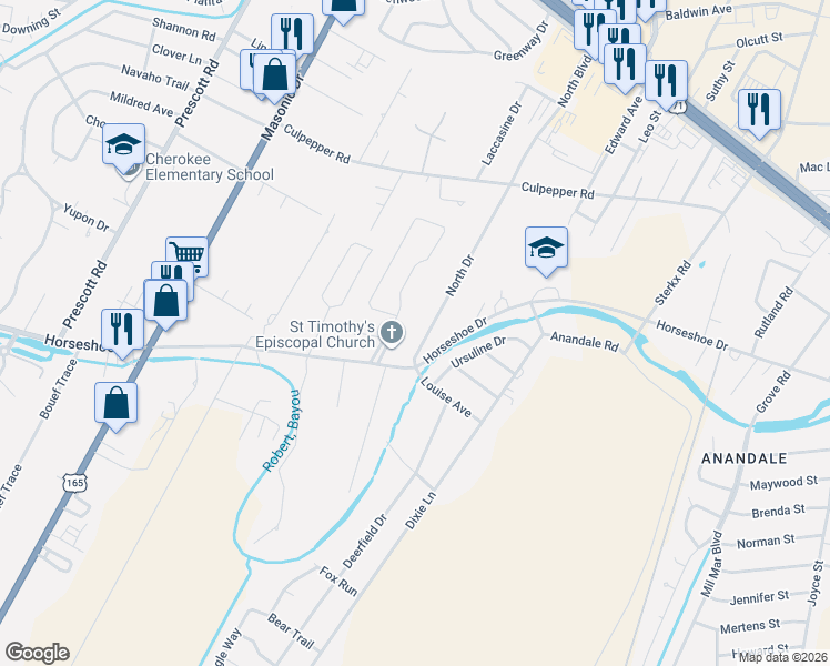 map of restaurants, bars, coffee shops, grocery stores, and more near 5716 North Drive in Alexandria