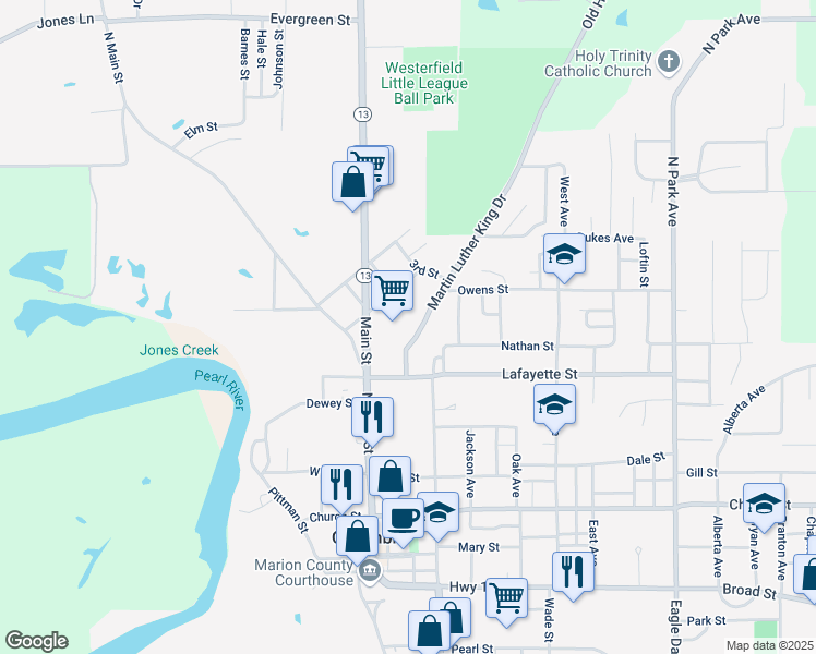 map of restaurants, bars, coffee shops, grocery stores, and more near 1107 Martin Luther King Drive in Columbia